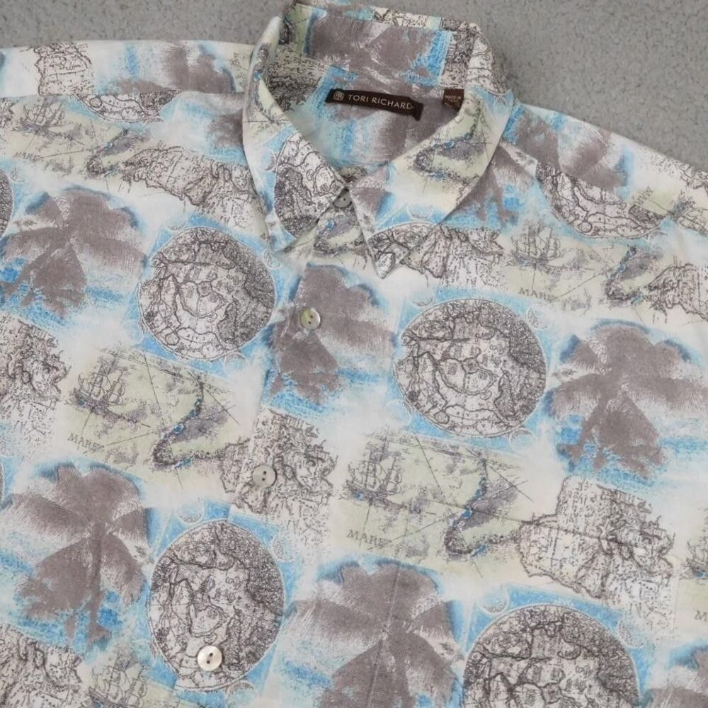 Tori Richard Shirt Mens XL Blue Gray Hawaiian Cotton Lawn Map Print Button Up